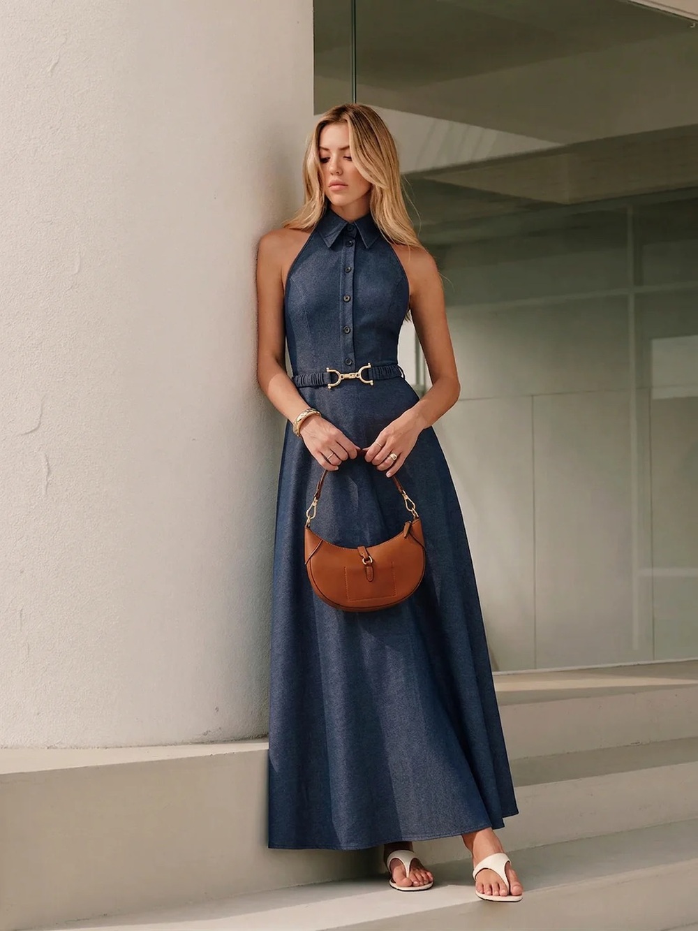 COMMENSE Halter Belted Collared Denim Maxi Dress - size Small